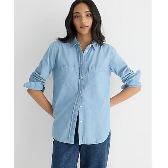 J. Crew Top Womens 0 Blue Classic Fit Chambray Shirt Button Down Cotton - Picture 1 of 13